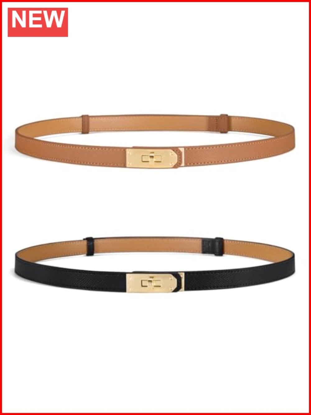 Skinny Leather Belt Adjustable No Holes Gold Buckle Dress Belt